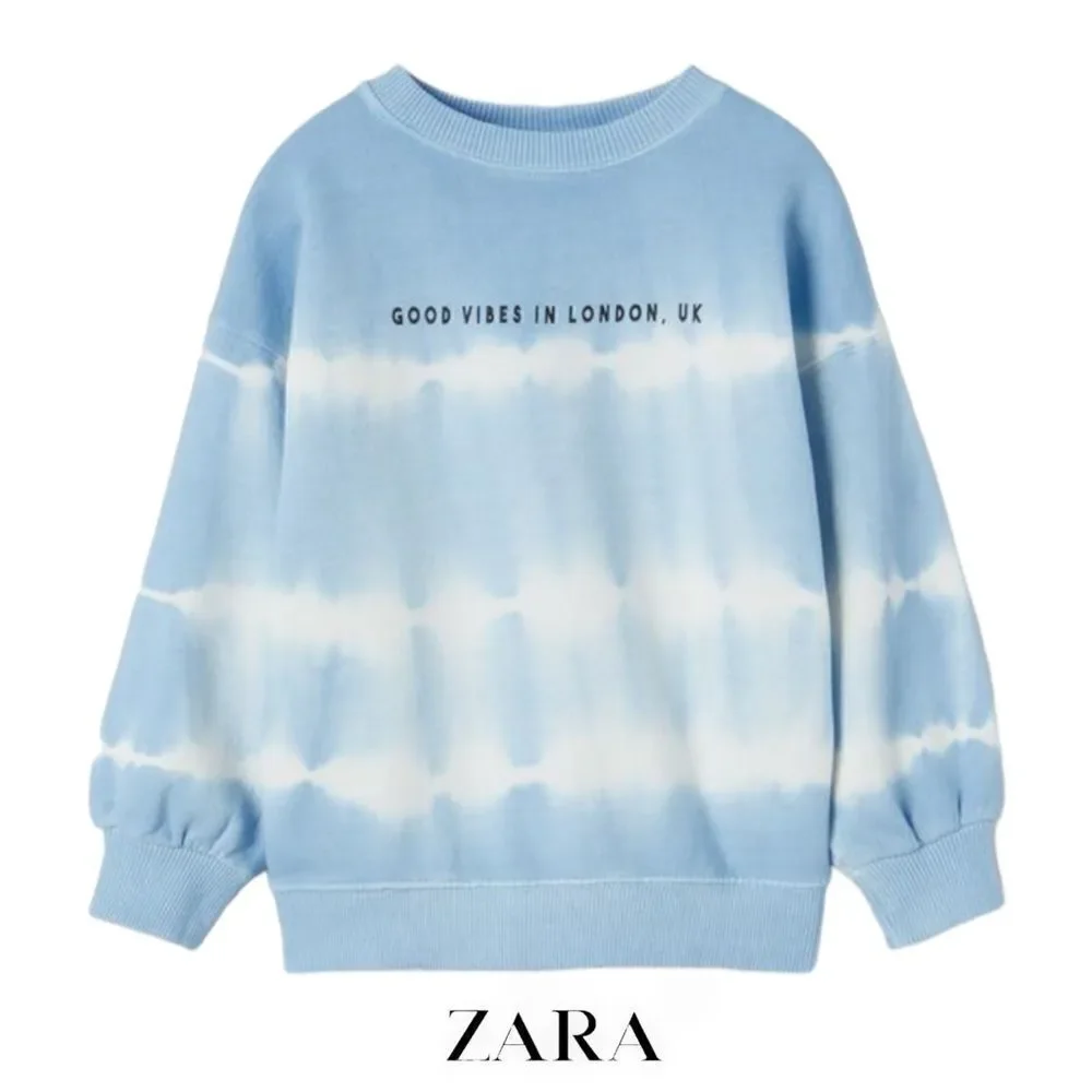 ZARA Kids Blue Tie Dye Good Vibes Sweatshirt NWT Boy Size 6